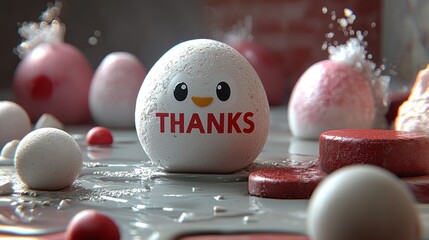 Cute penguin-shaped rock with "Thanks" written on it, surrounded by abstract shapes and splashes.