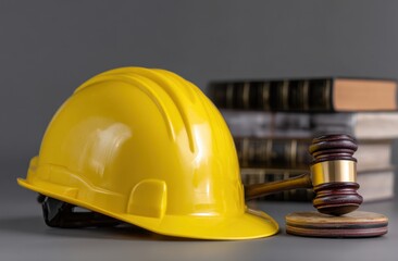 Construction Safety Laws: Helmet, Gavel, and Legal Books Symbolize Workplace Regulations and Compliance.