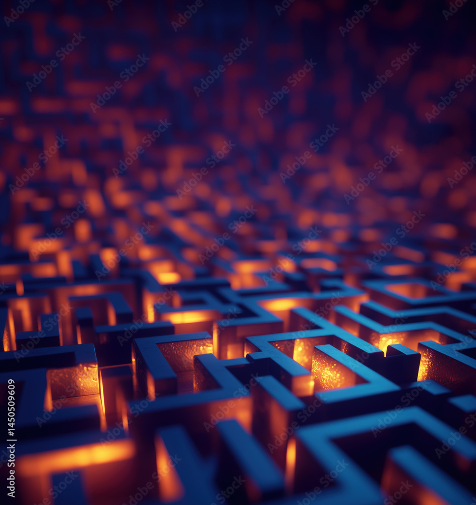 Poster intricate maze design illuminated with glowing orange light in a dark environment.