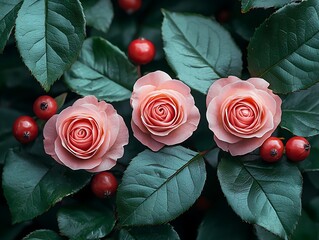 Three peach roses nestled amongst dark green leaves and red berries © Sari