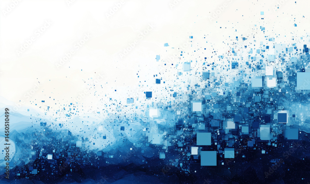 Poster abstract blue digital background with floating squares and gradient effects.