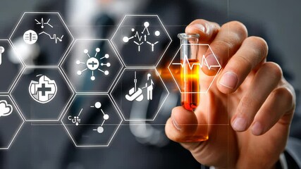 Man holding a vial with a glowing substance, surrounded by transparent medical icons representing futuristic diagnostics and data analysis - Powered by Adobe