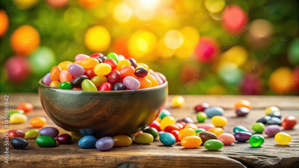 Poster A bowl of colorful jelly beans scattered on a wooden surface with a blurred background of multicolored bokeh lights.