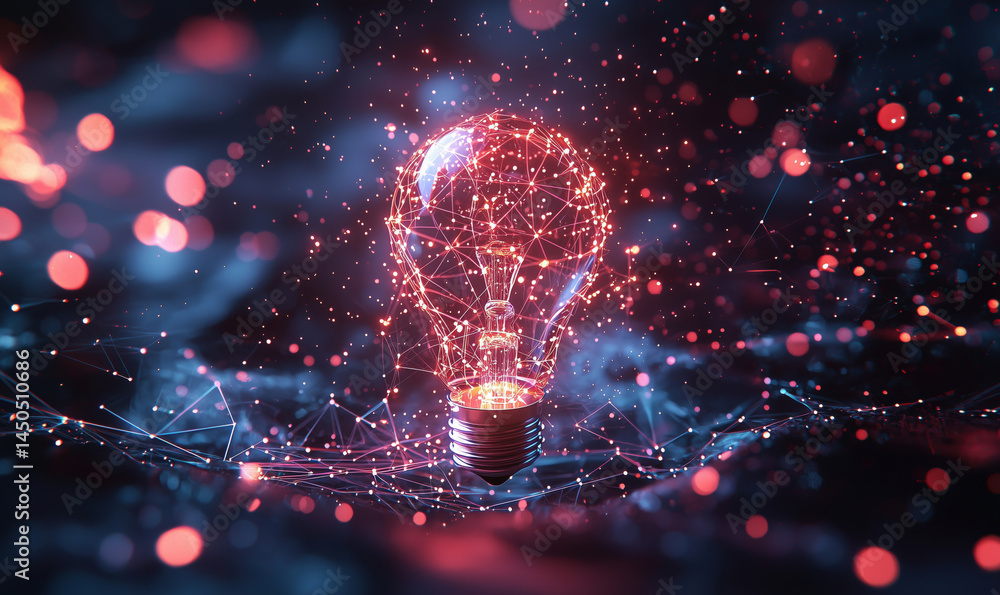 Poster illuminated light bulb with glowing connections and particles representing innovation and ideas.