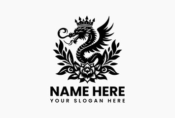 Serpentine dragon coiled around a floral crown, enchanted vector logo for fantasy novels and herbal apothecaries