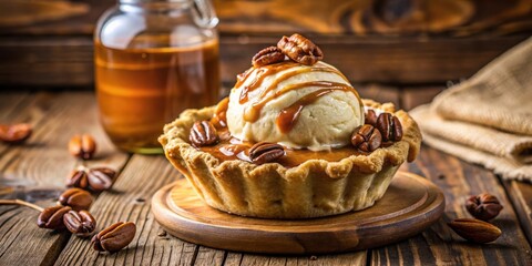 A single serving pecan pie topped with a scoop of vanilla ice cream and drizzled with caramel sauce on a rustic wooden table