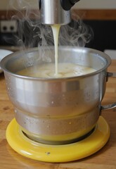A steaming pot of batter is being poured into a metal strainer, creating a cloud of steam as it mixes with hot water in a kitchen setting