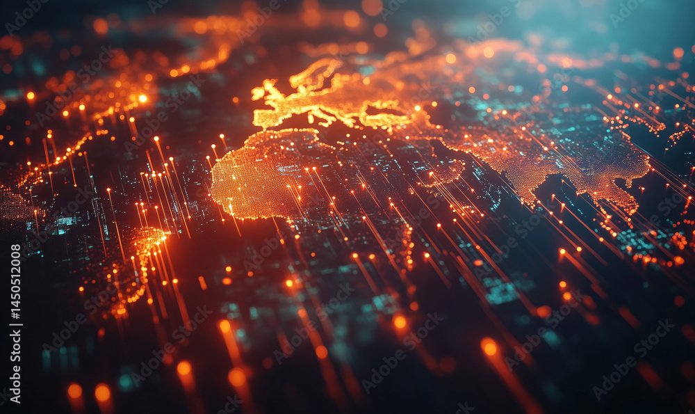 Poster digital world map with glowing connections and data points representing global networks.