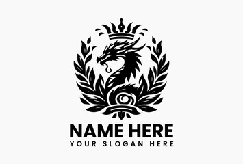 Serpentine dragon coiled around a floral crown, enchanted vector logo for fantasy novels and herbal apothecaries