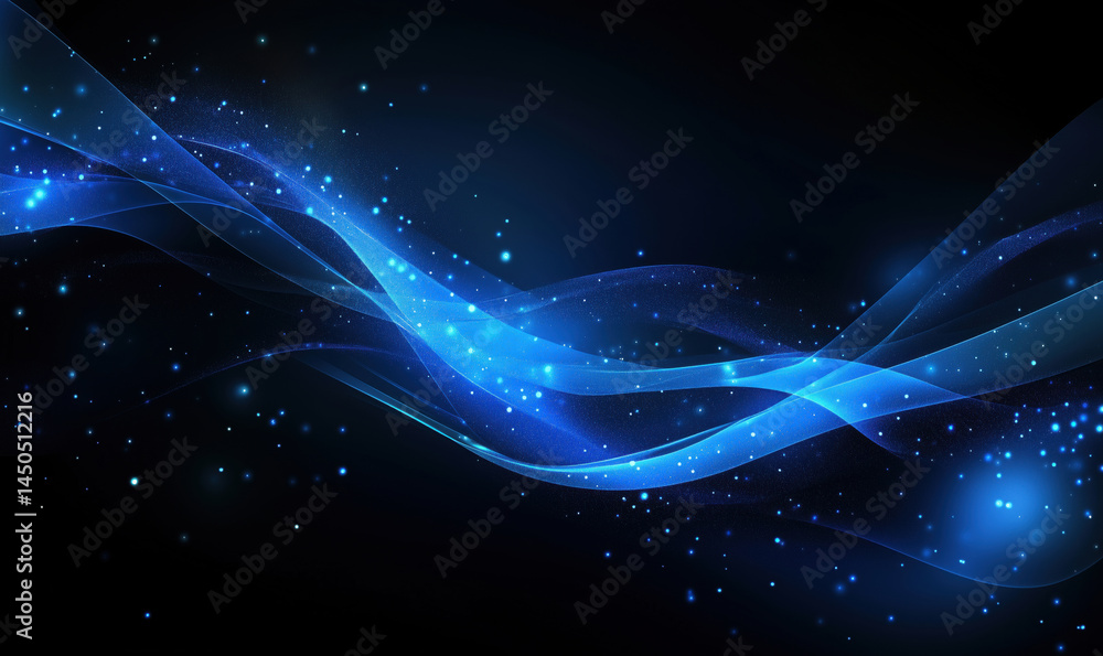 Poster abstract blue wave background with glowing particles and smooth flowing lines.