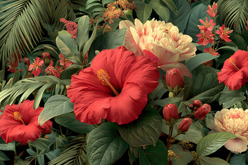 Vibrant Hibiscus and Flora Harmony: A captivating tableau of blossoming hibiscus and lush flora, showcasing a symphony of vivid colors and intricate textures.