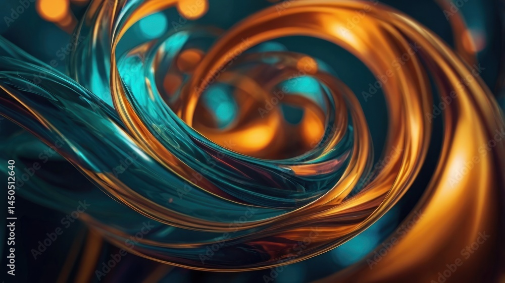 Poster abstract swirling metallic forms in teal and gold, creating a dynamic, luxurious visual