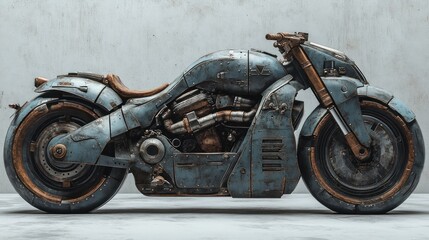 A photorealistic armored motorcycle, military style, on white