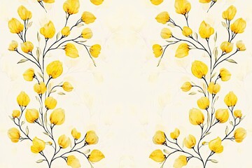 Watercolor yellow floral branches frame on cream background
