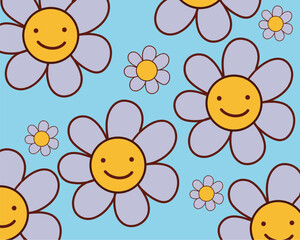 A light blue background with a pattern of smiling flowers. The large flowers have yellow centers and pastel purple petals, while there are also smaller white flowers scattered throughout