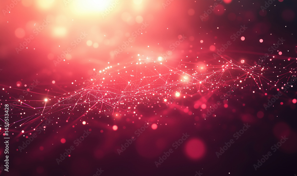Poster abstract red digital background with glowing particles and interconnected lines.