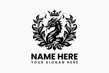 Ornate dragon-shaped crown intertwined with roses, royal vector emblem for luxury brands and gaming clans 