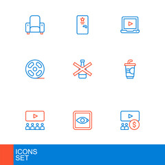 Set line Cinema auditorium with screen, Rating movie, Paper glass water, Film reel, No alcohol, Online play video and Backstage icon. Vector