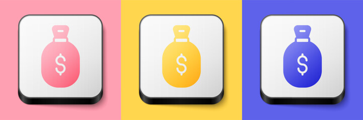 Isometric Money bag icon isolated on pink, yellow and blue background. Dollar or USD symbol. Cash Banking currency sign. Square button. Vector