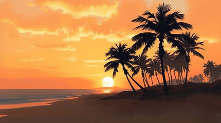 Digital painting using loose painterly strokes depicting silhouetted palm trees on a paradise beach sunset in natural earth tones. Dreamy atmosphere with complementary epic colors, misty textures, and