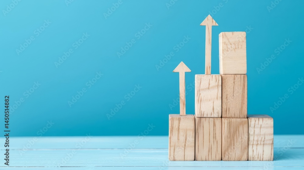 Aufkleber wooden blocks arranged in a staircase pattern with upward arrows symbolizing growth progress and suc