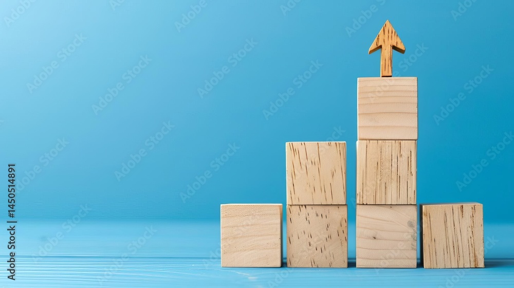 Poster a set of wooden blocks arranged in a staircase formation with an arrow pointing upward on the top bl
