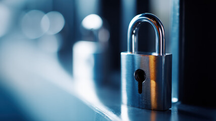 Close-Up Padlock on Table, Cybersecurity Concept — a detailed and modern 3D-style concept ideal for tech visuals, infographics, marketing materials, and futuristic digital presentations.