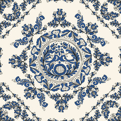 Decorative background illustration inspired from Korond, Transylvania traditional ceramics, tile works and pottery. Editable seamless vector pattern.