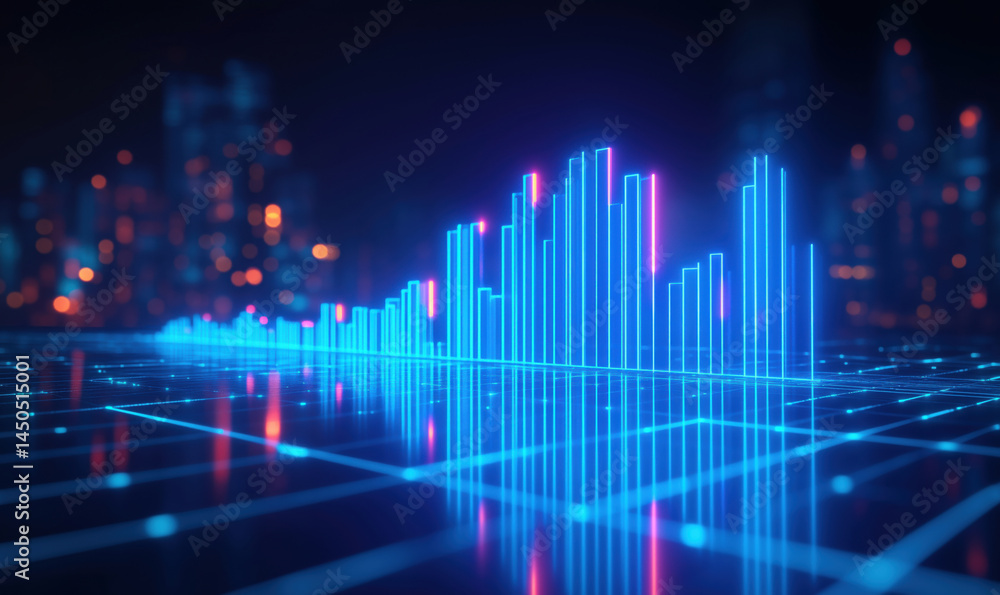 Poster futuristic data visualization with neon blue bars reflecting on digital grid.