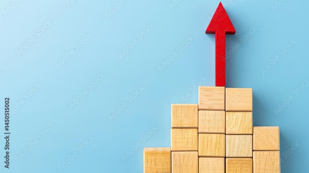 Aufkleber stack of wooden blocks increasing in height with a red arrow pointing upward representing growth pro