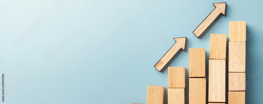 Poster long wooden blocks arranged as an increasing bar graph with upward trending arrows on a light blue b