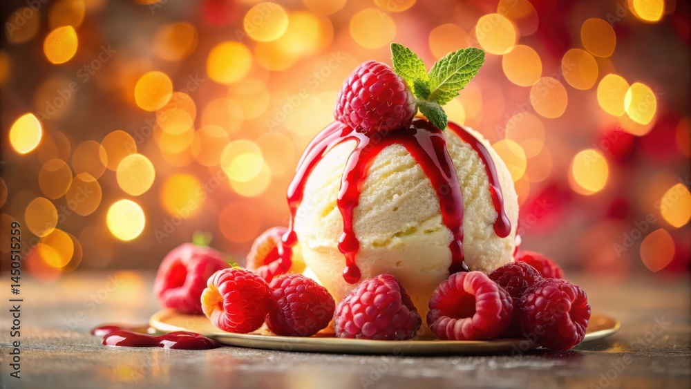 Aufkleber Vanilla ice cream with raspberry sauce and fresh raspberries on a plate against a warm light background