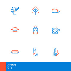 Set line Thermometer, Socks, Homemade pie, Cup of tea, Canadian maple leaf, Leaf, Hedgehog and icon. Vector