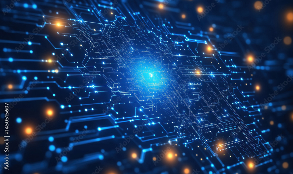 Poster abstract digital circuit board design with glowing blue lines and nodes.