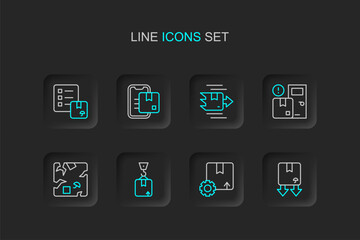 Set line Cardboard box with traffic symbol, Gear package, Crane cardboard, Broken, Home delivery services, Carton, Document tracking marker and Verification of list icon. Vector