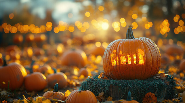 A glowing pumpkin with a carved face sits in a field of pumpkins