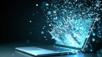 Dynamic data flow on laptop screen blue light technology concept