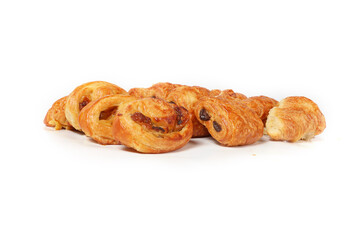 An assortment of classic French pastries, including croissants, pain au chocolat, and pain aux...