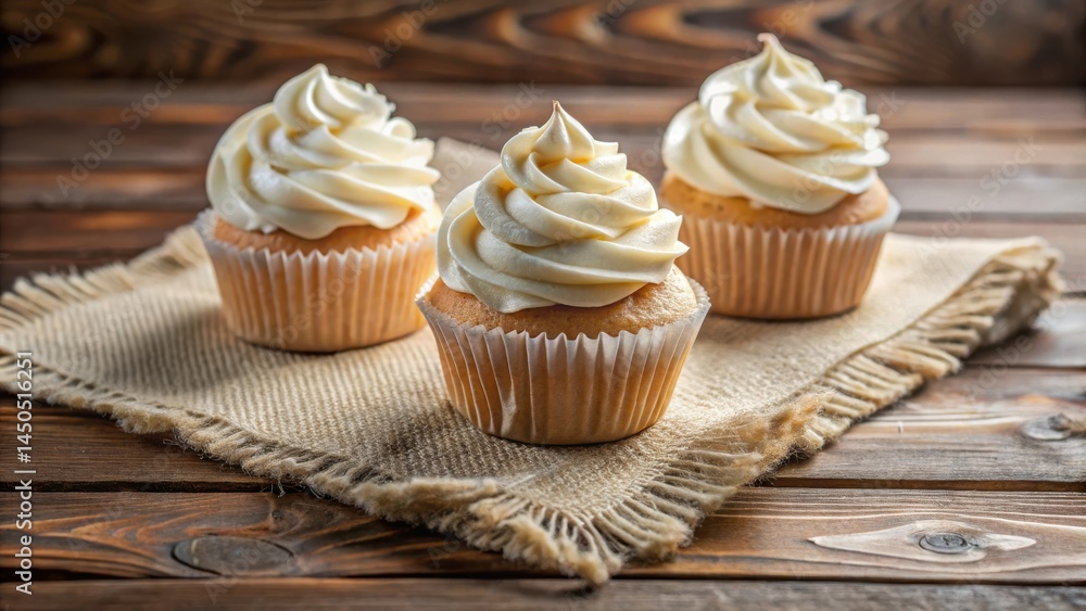 Aufkleber three delectable cupcakes adorned with swirls of creamy frosting, resting on a rustic burlap placema