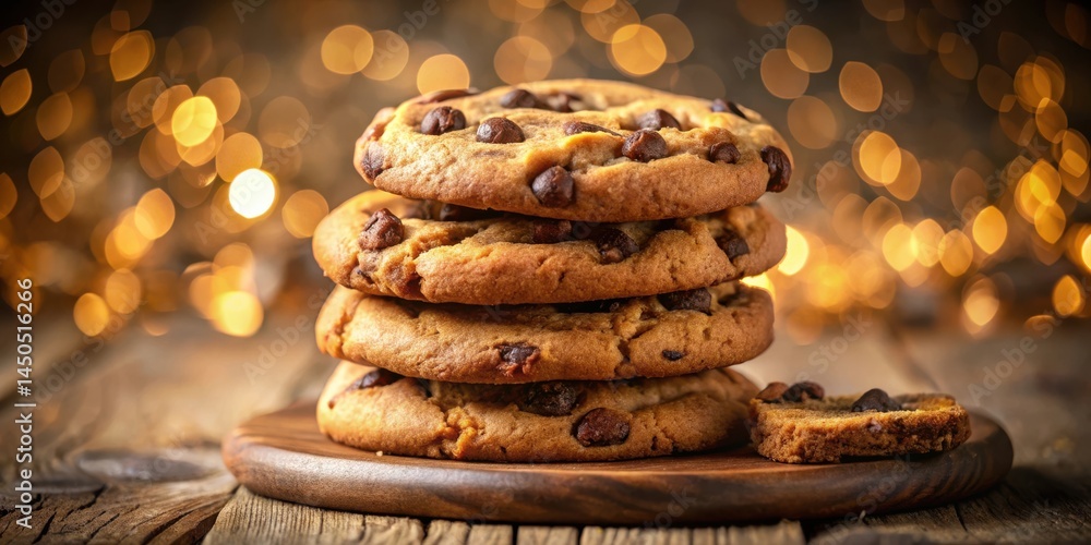 Aufkleber A Stack of Warm Chocolate Chip Cookies on a Wooden Cutting Board with Bokeh Lights in the Background