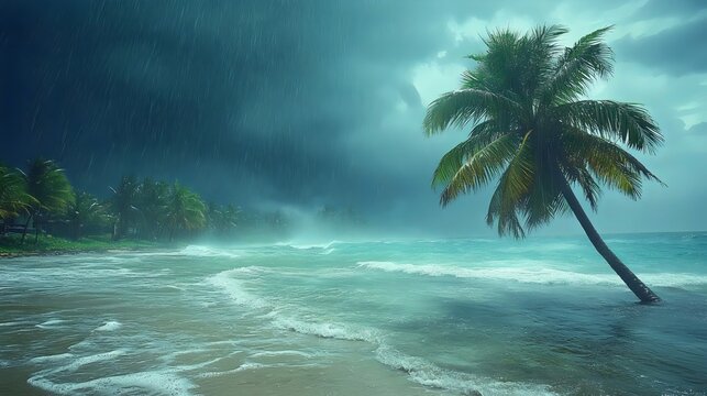 A tropical beach with a palm tree and sea as heavy rain pours over the scenic view.