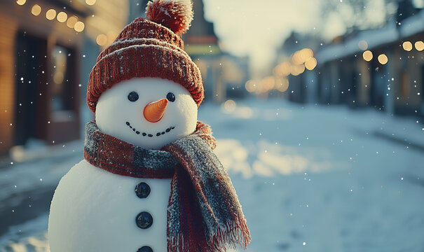 Cheerful snowman wearing knitted hat and scarf in winter street scene with bokeh lights.