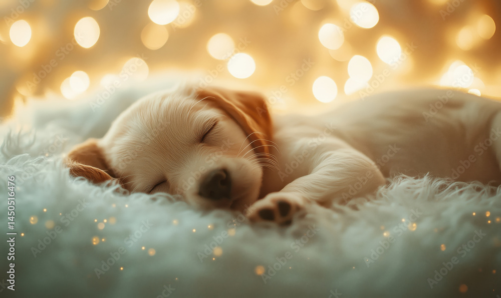Poster sleeping puppy on soft blanket with warm bokeh lights in background.