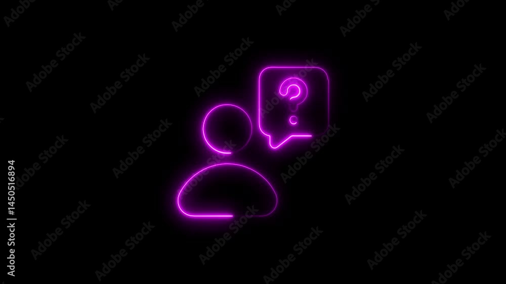 Aufkleber Glowing neon user icon with question mark in thought bubble on black background