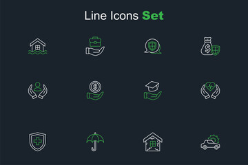 Set line Car insurance, House, Umbrella, Life with shield, Education grant, Money and icon. Vector