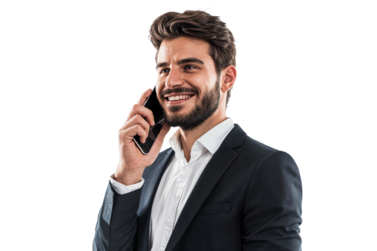 Smiling businessman having a phone conversation, appearing confident, professional, isolated on transparent background