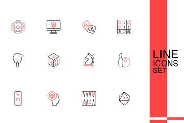 Set line Game dice, Backgammon board, Domino, Bowling pin and ball, Chess, and Racket icon. Vector