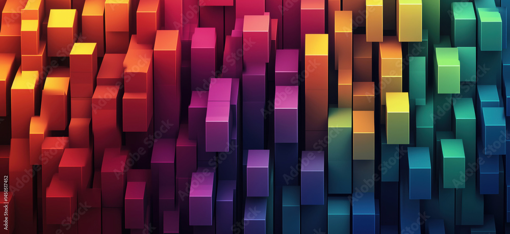 Poster colorful 3d cubes forming abstract pattern in vibrant rainbow gradient.