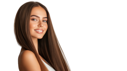 Charming beautiful young model with long brown hair smiling confidently, graceful side pose isolated on transparent background