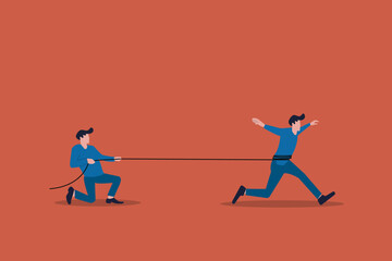 Businessman trying hard to run forward from the ropes of the boss